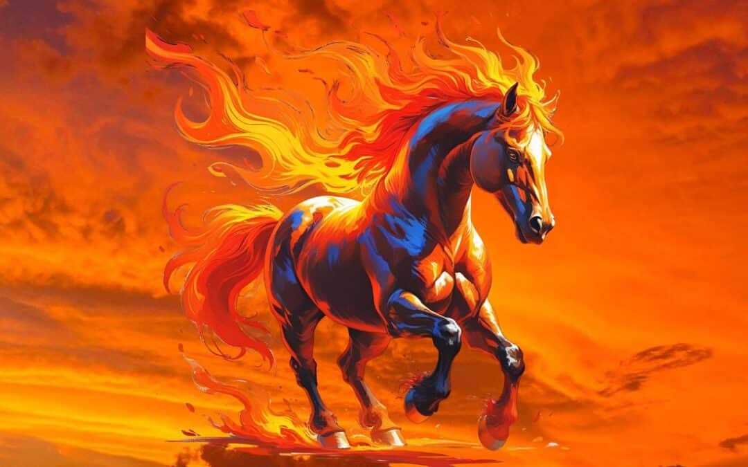 Crimson Horse Year 2026 Symbolik – chinesisches Feuerpferd vor dramatischem Himmel